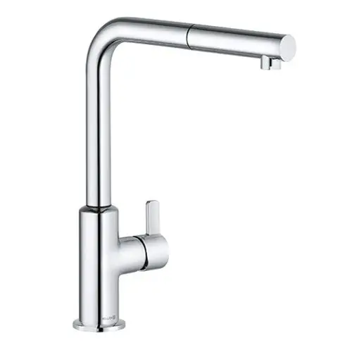 Eleganter chromfarbener Wasserhahn mit einem schlanken, modernen Design und einem seitlichen Hebel zur Wassermengenregelung. Ideal für Küchen oder Badezimmer.